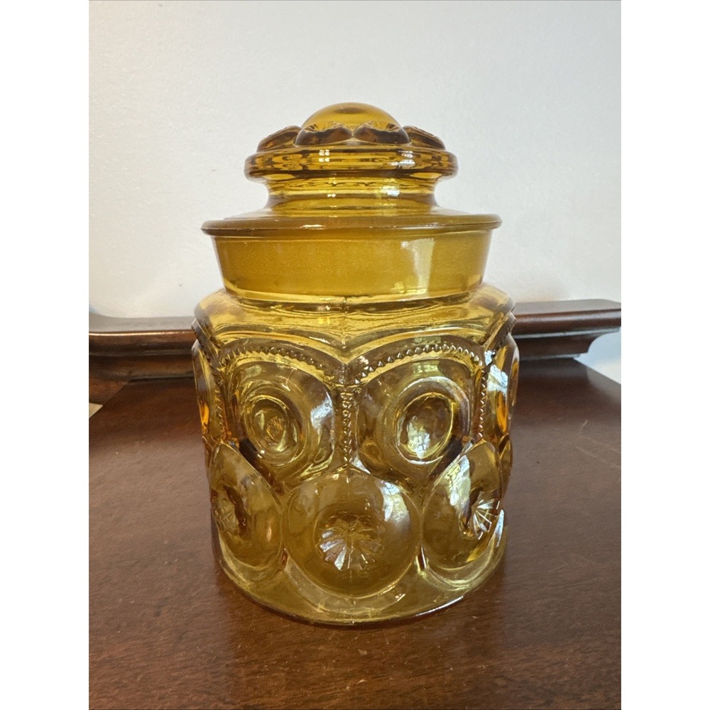 7" LE Smith Canister Jar W/Lid Amber Moon and Star Glass Apothecary *chips*